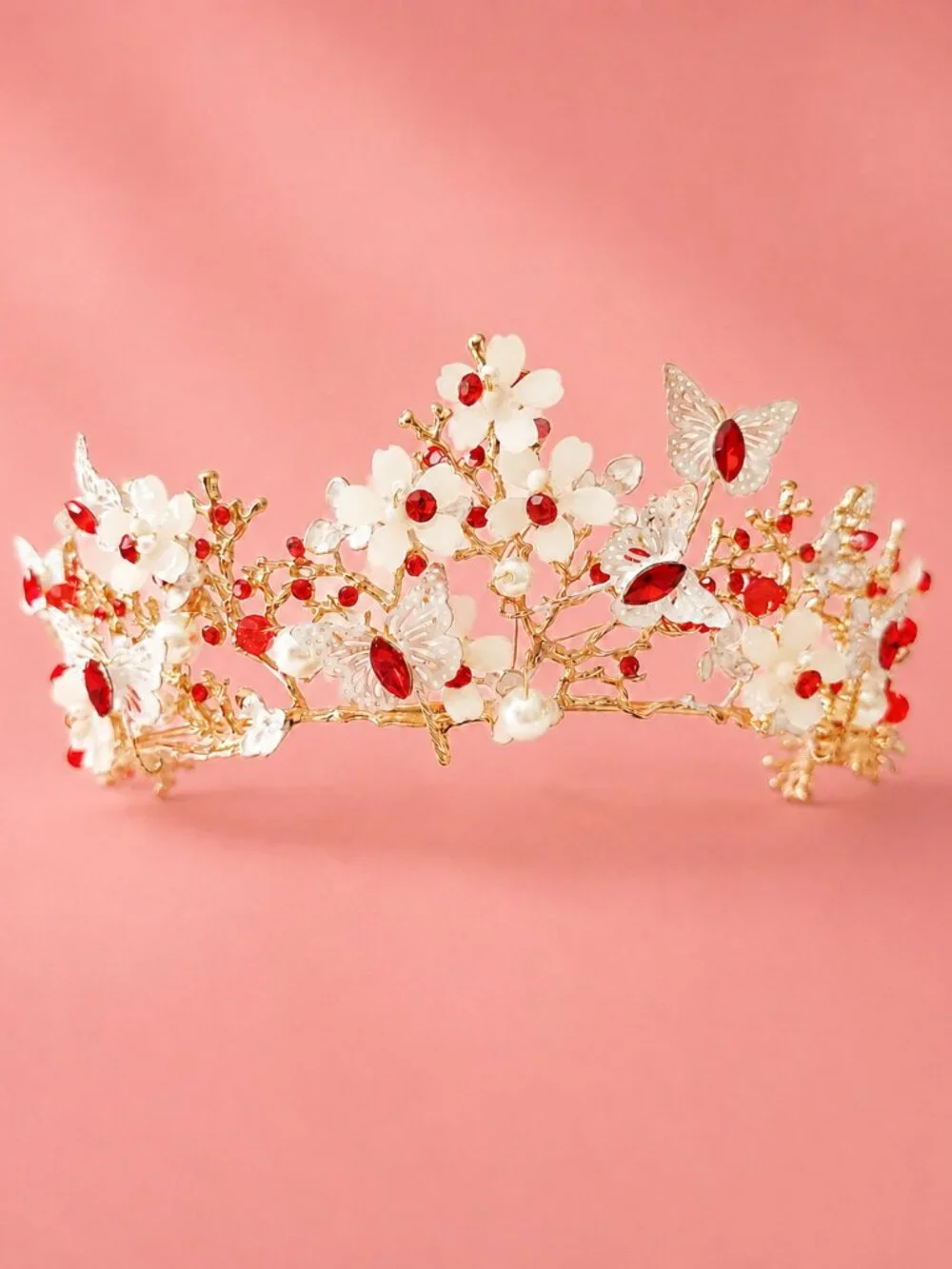 Red Crystal Butterfly Crown, Gold Floral Tiara, Wedding Bridal Headpiece